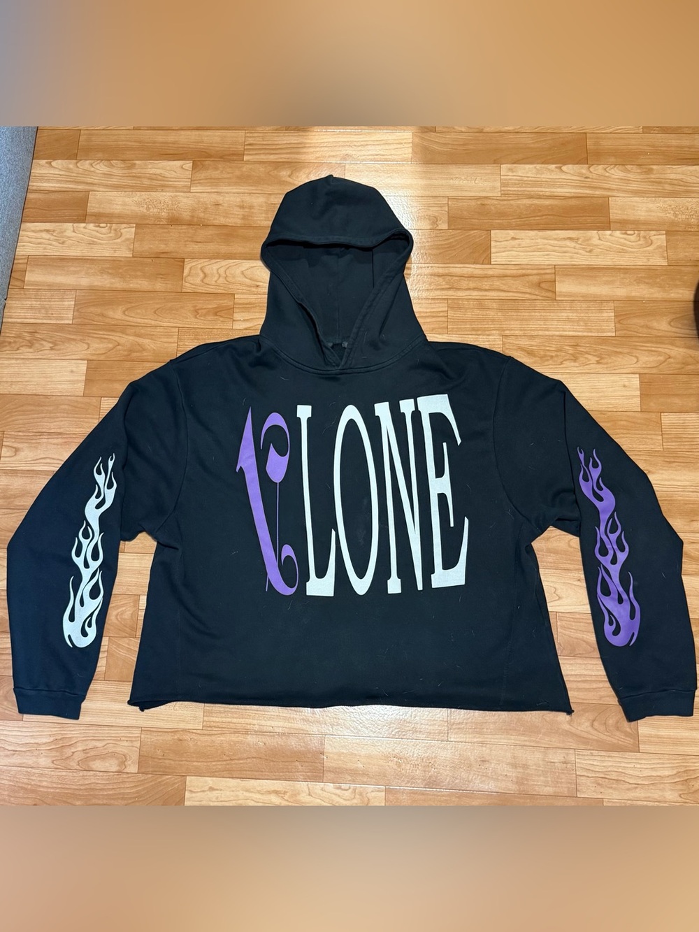 VLONE x Palm Angles Black Hoodie Sweatshirt with Purple and White Flame Graphics